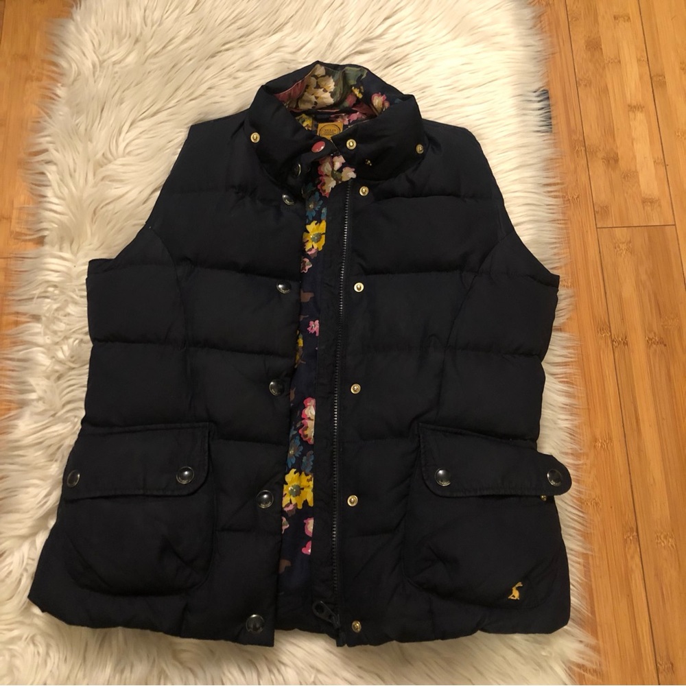 Joules Vintage Down and Feather Button Down Women Navy Puff Vest, size 8